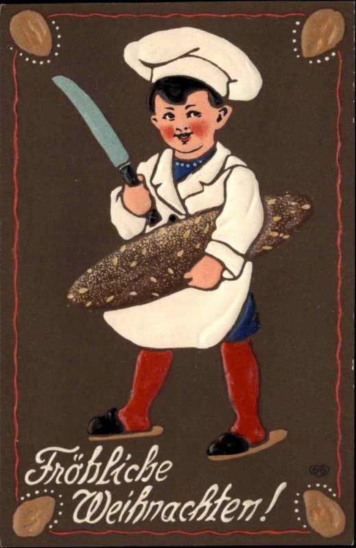 Christmas Little Boy Baker Bread Loaf EAS Embossed c1910 Postcard