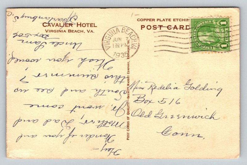 1935  Cavalier Hotel  Virginia Beach   Postcard