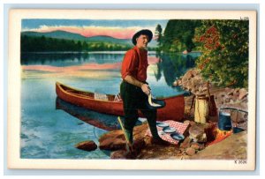 Greetings From Round Top New York NY, Man Cooking Canoe Boat Lake Postcard