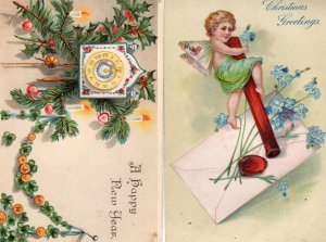 Christmas Tree Cuckoo Clock 3D Acrobat Angel 2x Antique Postcard s