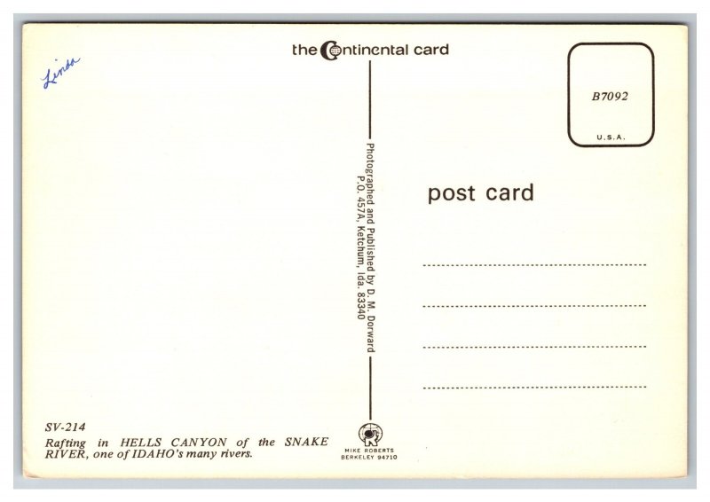 Rafting In Hells Canyon Snake River Idaho Postcard Continental View