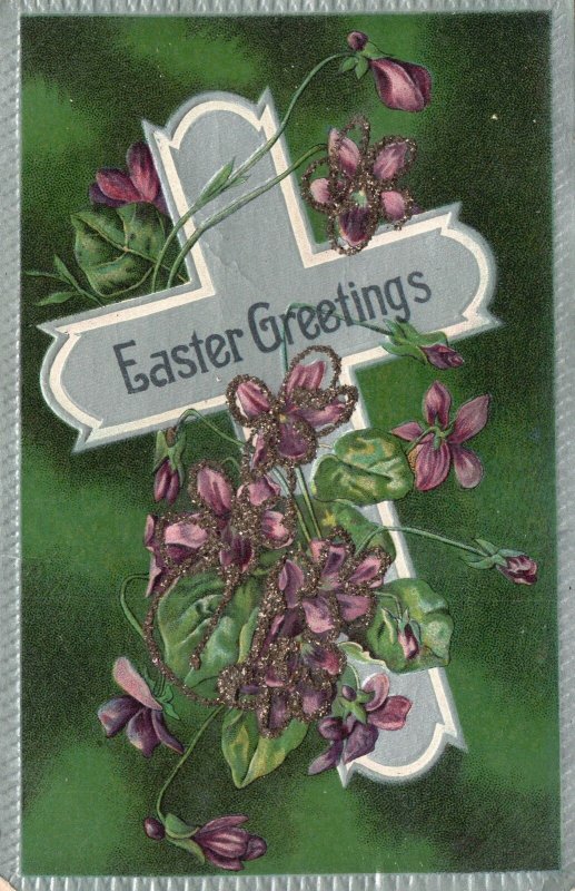 Vintage Postcard Easter Greetings Violet Flower In Holly Cross Holiday Framed 