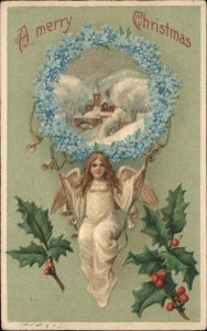 Christmas Little Girl Angel on Swing c1910 Vintage Postcard