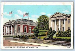 1944 Post Office & BPO Building US Flags Norwich Connecticut CT Vintage Postcard