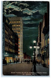 1913 Night Scene Felix Street Looking West Exterior St. Joseph Missouri Postcard