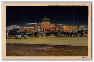 Kansas City Missouri Postcard Municipal Airport Night Plane 1955 Vintage Antique