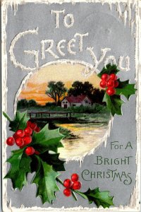 Vtg 1909 Christmas Greeting Silver Gilt Embossed Country Cottage Holly Postcard