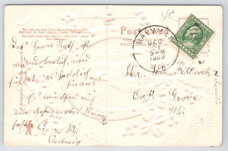 Holiday~Holly & Home Portrait In Horseshoe Christmas Greeting~Vintage Postcard