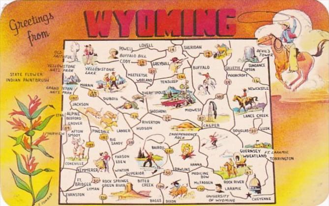 Greetings From Wyoming With Map 1967