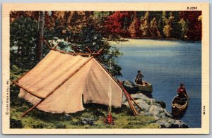 Vtg Outdoor Scene Camp Tent Campfire Men In Canoes 1940s Linen View Postcard