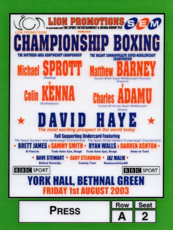 David Haye Michael Sprott Vintage Fight Boxing Ticket 2003 Press Pass