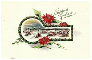 Vintage Christmas Greetings Postcard Holly Vintage Snow Scene Posted 1914