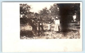 RPPC EASTERN KANSAS~ We Are PICKING CHERRIES in E KS  c1920s Farming Postcard