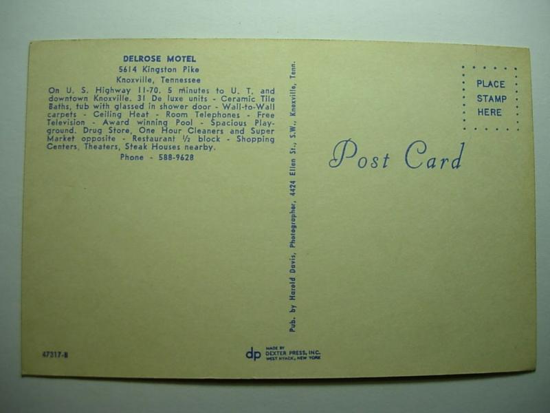 pre-1980 DELROSE MOTEL Knoxville Tennessee TN Unused Postcard y8593