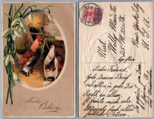 CHICKENS EMBOSSED ANTIQUE GERMAN POSTCARD w/ STAMP