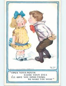 Pre-Linen signed BOY TRICKS CUTE GIRL INTO LETTING THEM KISS HER HL5138