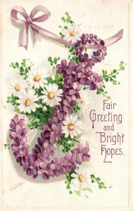Vintage Postcard 1910 Fair Greeting and Bright Hopes Purple Anchor Flowers Bloom