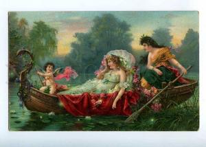 226747 Nymph & Angel CUPID in Boat by ZATZKA Vintage color PC 