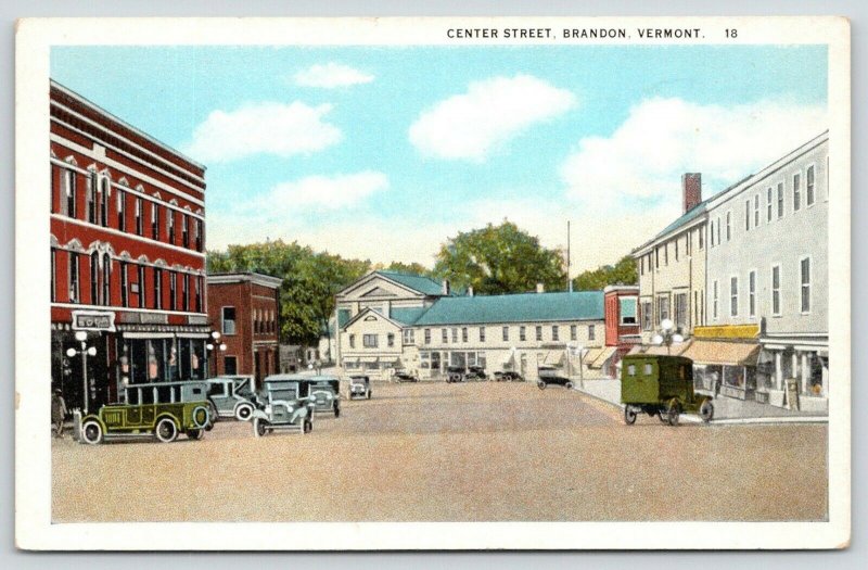 Brandon Vermont~Get Your Soda Here~1920s Automobiles~Center Street~Postcard/PC 