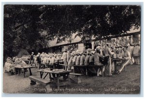Denmark Postcard Greetings from Camp Frederiksvaerk at Dinner Table 1911