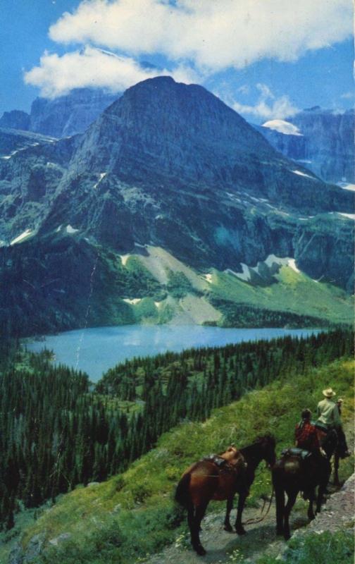 Grinnell Lake & Glacier Mt. Gould Montana Horses Horseback Postcard E12 *As Is