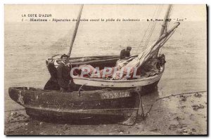 Postcard Old Fishing Boat Marine Repair of sails before the fishing day