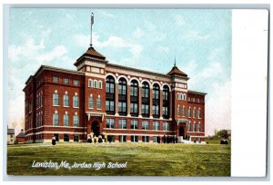 c1905 Jordan High School Campus Building Students Entry Lewiston Maine Postcard