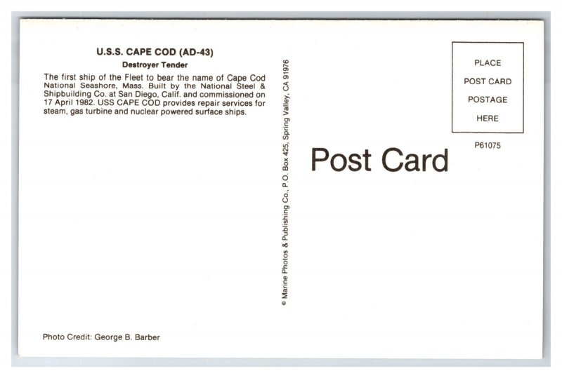 US Navy USS Cape Cod AD-43 Destroyer Tender UNP Chrome Postcard Z7
