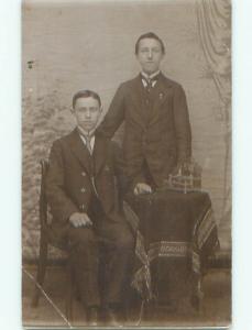 Bent Corner circa 1910 rppc FATHER AND SON BOTH IN 3 PIECE SUITS & TIES o2713