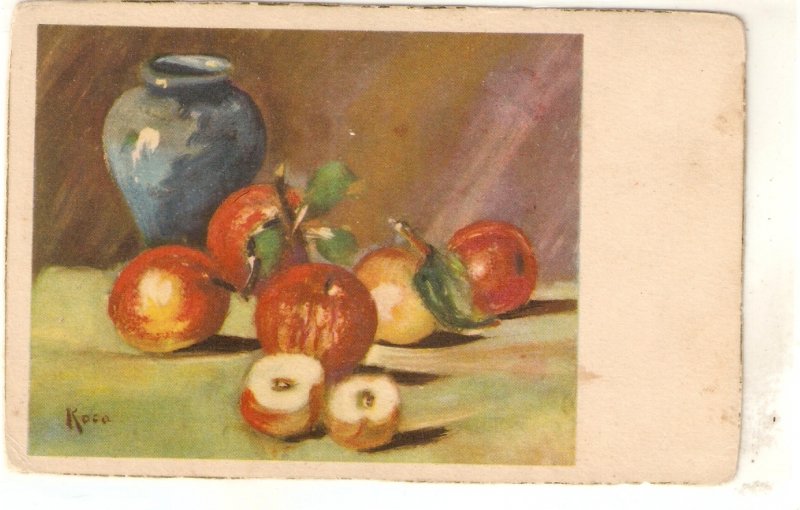 Still Life. Fuits: Lot of four fine paintings vintage Spanish postcards, Signed