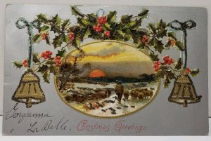1906 Christmas Greeting Glitter Hollyberry Bells with Country Scene Postcard D3