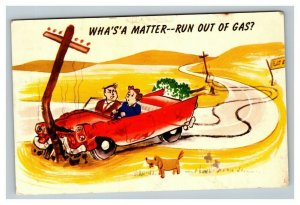 Vintage 1950's Comic Postcard - Woman Driver Hits Telephone Pole -Run out of Gas