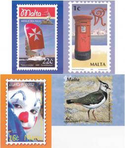 (4 cards) Malta - Stamps on Postcard