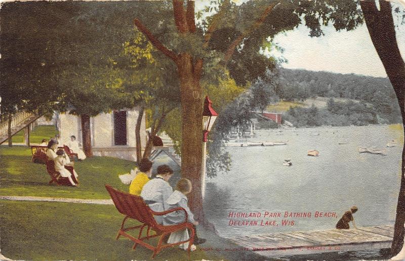 Delavan Lake Wisconsin~Highland Park Bathing Beach~Ladies/Girls on Benches~1911