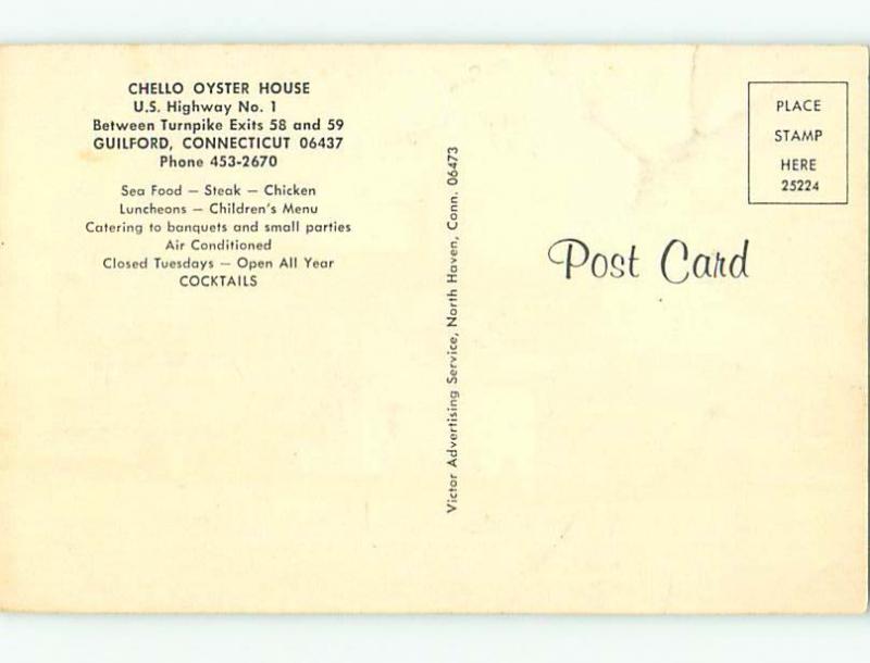 Unused Pre-1980 CHELLO OYSTER RESTAURANT Guilford Connecticut CT v6719