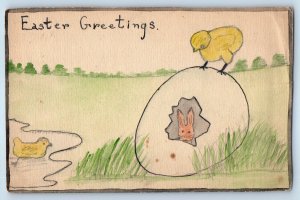 1917 Easter Greetings Hatched Egg Rabbit Chick Hand Drawn Art Antique Postcard
