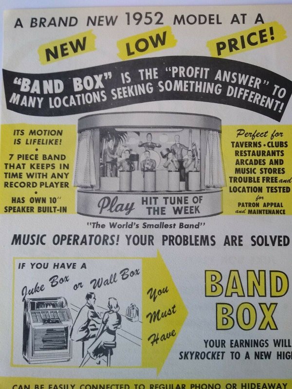 Chicago Coin Band Box Jukebox FLYER 1952 Original Animated Manikin Musicians NOS