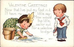 Whitney Valentine Girl Mopping Little Boy in Sailor Suit c1920 Vintage Postcard