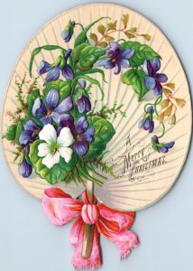 1880s Embossed Christmas Die-Cut Hand Fan Violets Fab! F124