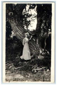 1912 Woman Scene Lake Kampeska Giant Tree Balstrom SD RPPC Photo Postcard