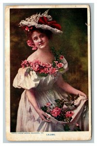 Vintage 1911 Colorized Photo Postcard Lillian Woman in Flowered Hat & Roses