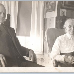 c1910s Old Couple Indoors RPPC House Decor Man Woman Grandparent Real Photo A193