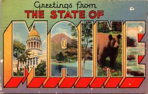 Greetings Maine Multi View Bear State Capitol Linen Cancel WOB Postcard 