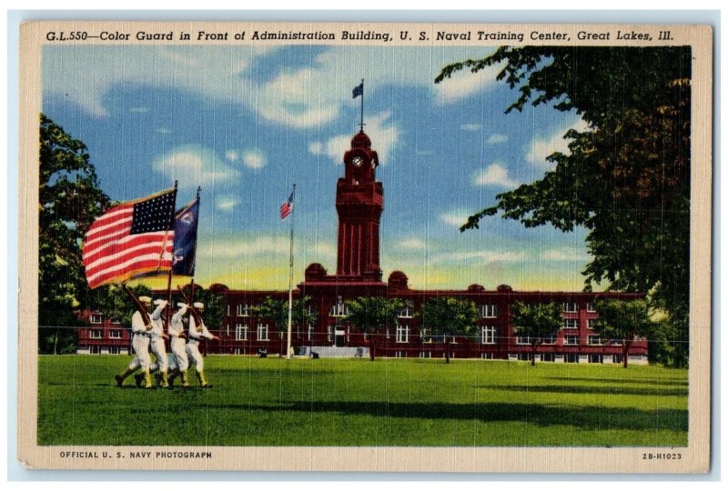 c1940 Color Guard Front Administration Building US Naval Great Lakes IL Postcard