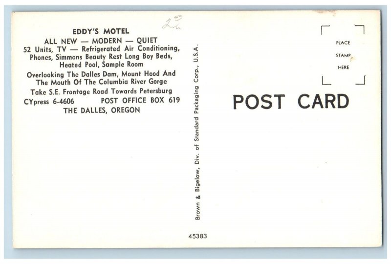 The Dalles Oregon OR Postcard Eddy's Motel Exterior Roadside c1960's Signage