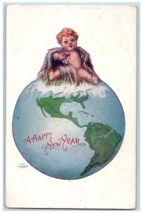 1908 New Year Globe Map Little Boy Hourglass Rippon WV Antique Posted Postcard 