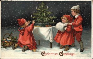 Christmas Children Decorating Tree c1910 Vintage Postcard