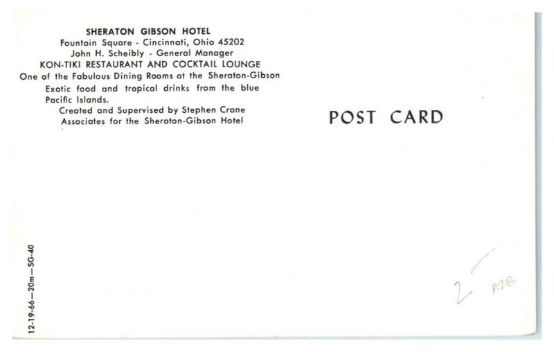Kon-Tiki Restaurant & Lounge Sheraton Gibson Hotel, Cincinnati OH Postcard *5N21