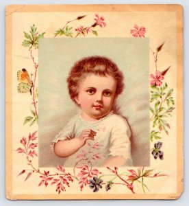 Antique Chromolithograph Print of Baby / Child Framed by Flowers 4x4  P1