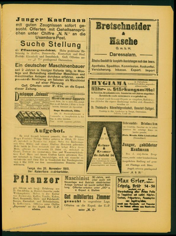 Germany 1910 E Africa Deutsche Ost-Afrika Usambara Post Complete Newspaper 73337